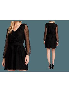 Danielrainn Black V Neck Polka Dot Sheer Long Sleeve Dress Women Large